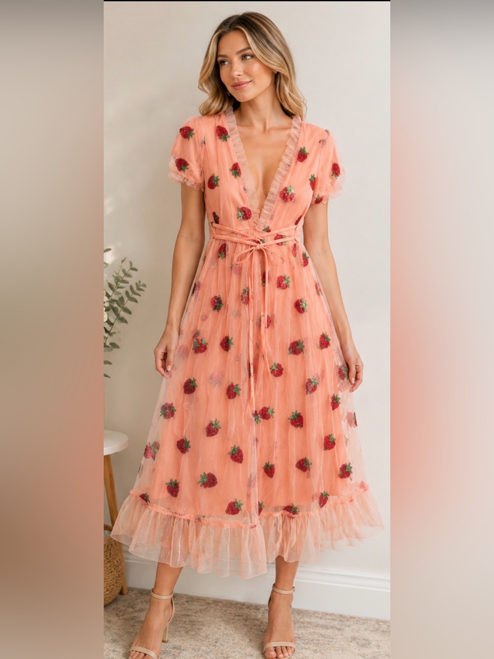 Pink strawberry  Embroidered Tulle Maxi Dress fairy cottagecore DTI